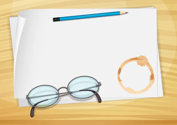 Ein leeres Bondpapier mit Bleistift, Brille und Kaffeefleck Stockvektor