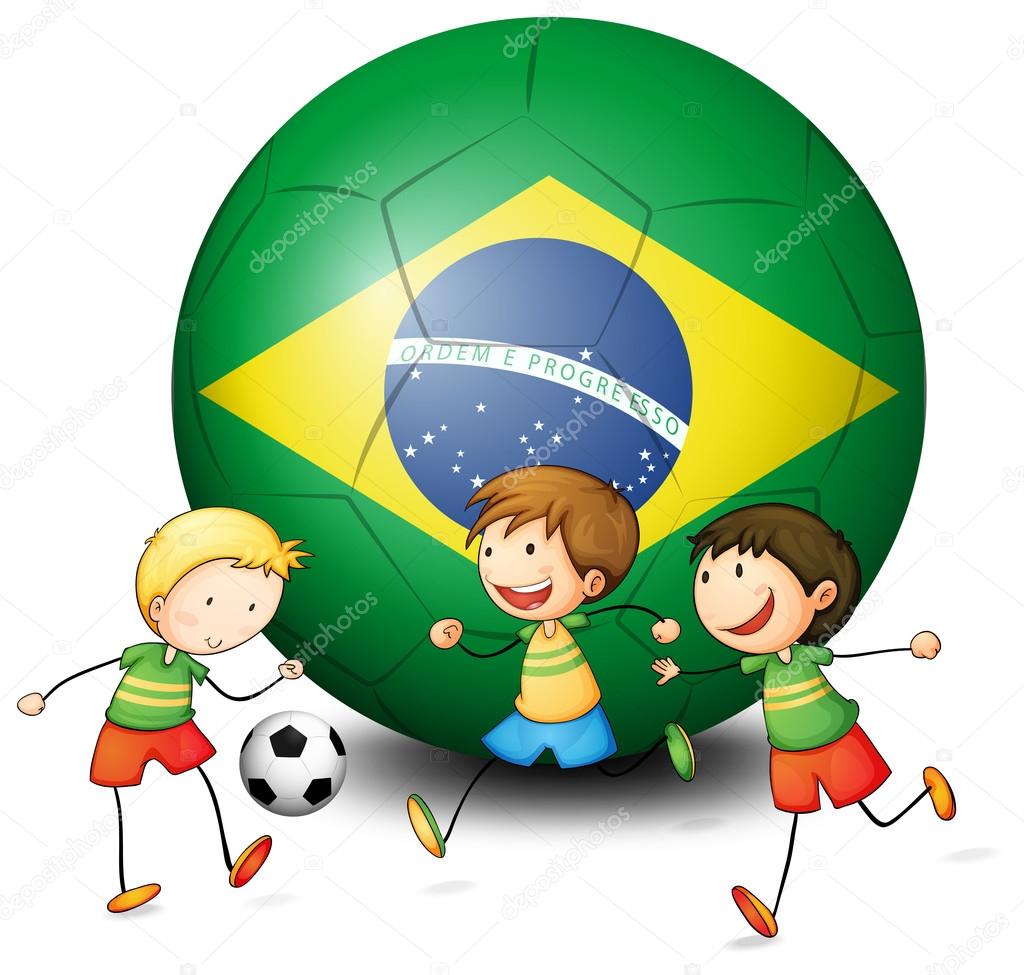 Boys playing soccer with the flag of Brazil