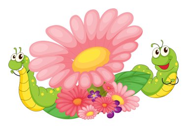Smiling worms and blooming flowers clipart