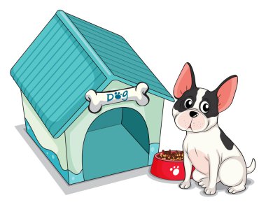 Mavi köpek kulübesinden önünde oturan bir köpek