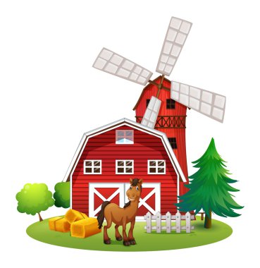 Dışarıdaki kırmızı barnhouse bir yel değirmeni ile gülümseyen bir at