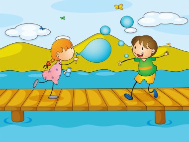 Kids playing at the bridge clipart