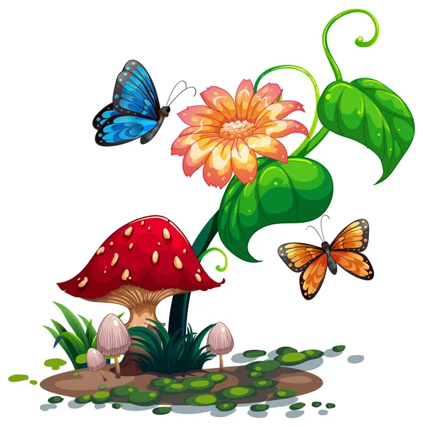 Egy virágos növény, pillangók — Stok Vektör