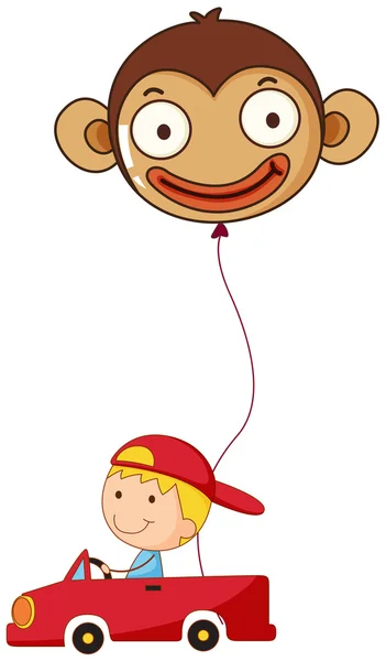 A red car with a boy and a monkey balloon — Stock Vector