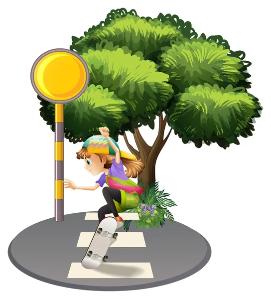 A young girl playing with her skateboard at the street — Stock Vector