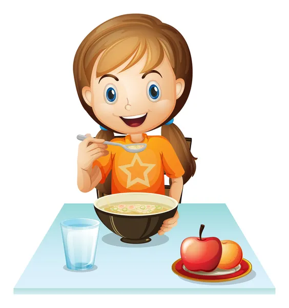 Uma menina sorrindo comendo seu café da manhã — Vetor de Stock