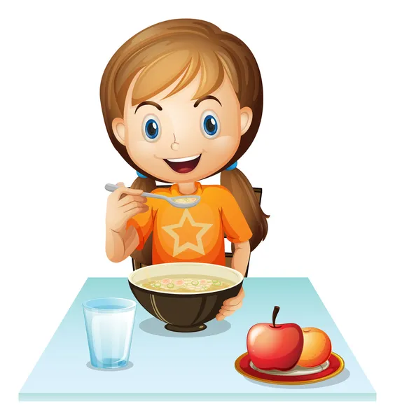 Una chica sonriente desayunando — Vector de stock