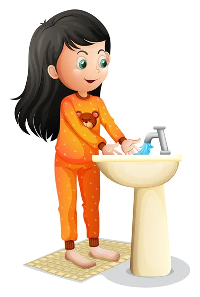 Een jong meisje haar handen wassen — Stockvector