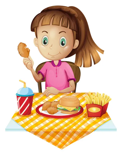 Una chica comiendo en la tienda de comida rápida — Vector de stock