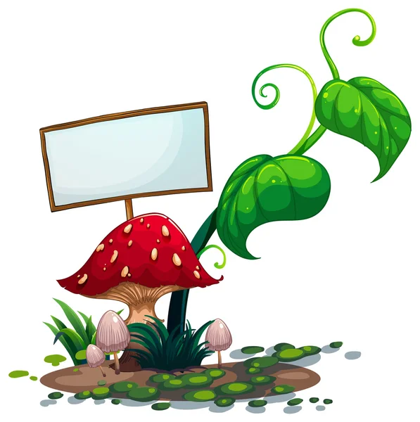 Un panneau vide près du champignon rouge — Image vectorielle