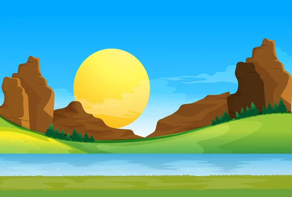 Une vue sur la rivière sous le ciel bleu avec un soleil — Image vectorielle