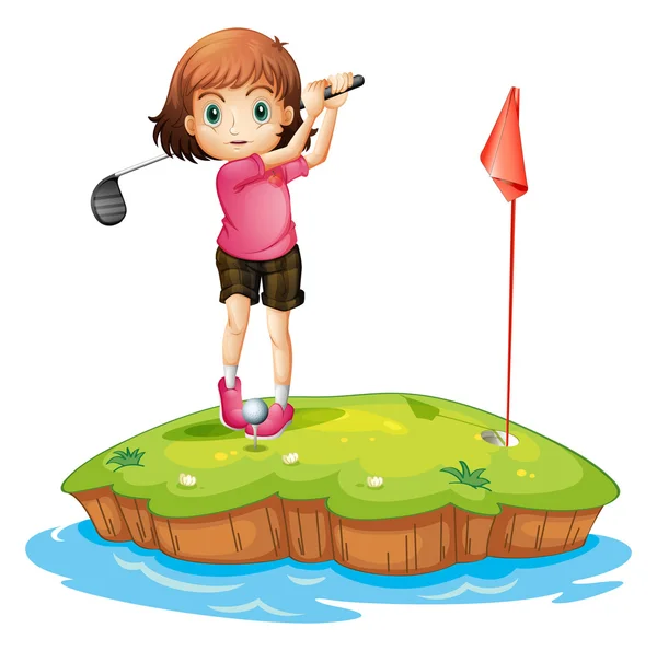 En ö med en tjej som spelar golf — Stock vektor