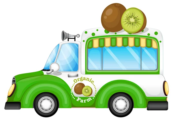 A green vehicle selling kiwi fruits — Stock Vector