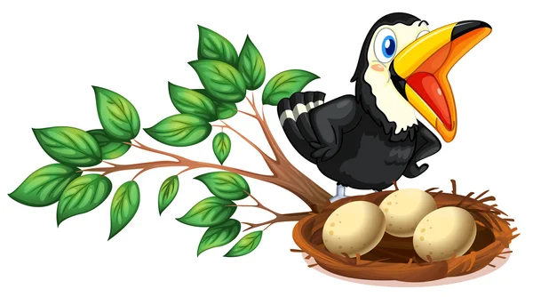 Un oiseau noir observant le nid avec des œufs — Image vectorielle