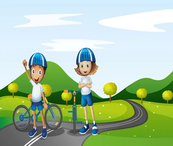 Um menino e uma menina de bicicleta — Vetor de Stock