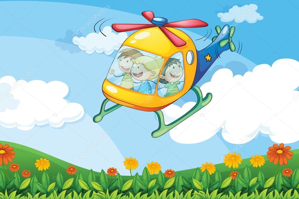 A helicopter flying with kids