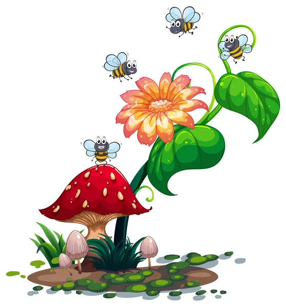 Bienen streifen mit einer Blume um die Pflanze — Stockvektor