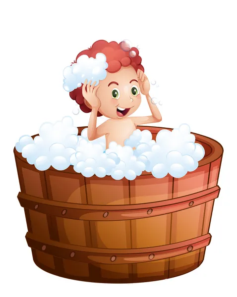 A smiling young boy inside the wooden bathtub — Stock Vector