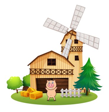 bir yel değirmeni ile ahşap barnhouse dışında oynak domuz