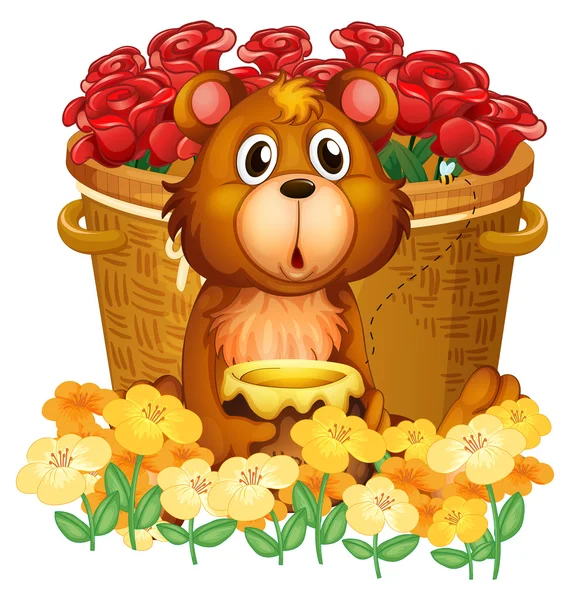 A bear in front of the basket with red roses — Stock Vector