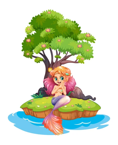 An island with a smiling mermaid — Stock Vector