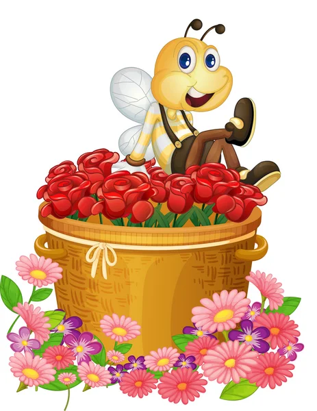 Een mand van rode rozen met een grote bee — Stockvector