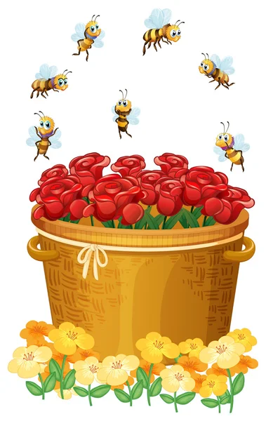 A basket of red roses with bees — Stock Vector