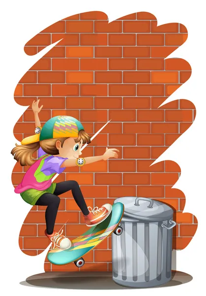 A girl skateboarding near the trashcan — Stock Vector