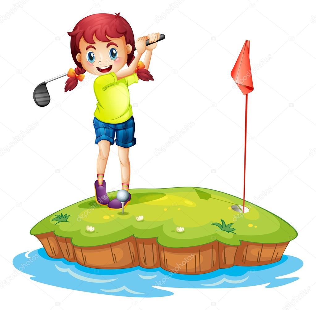 An island with a girl playing golf