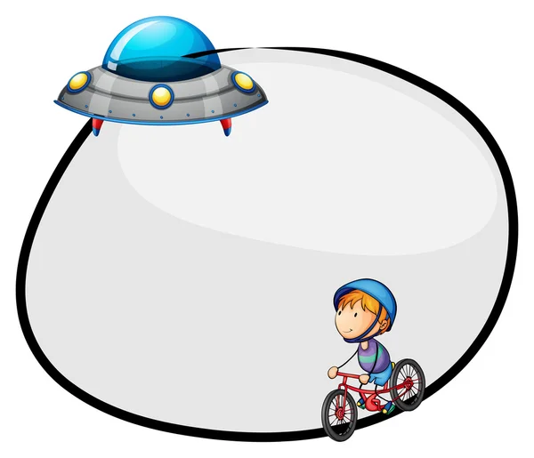 Kulatý prázdná šablona s létající talíř a chlapec, cykloturistika — Stockový vektor