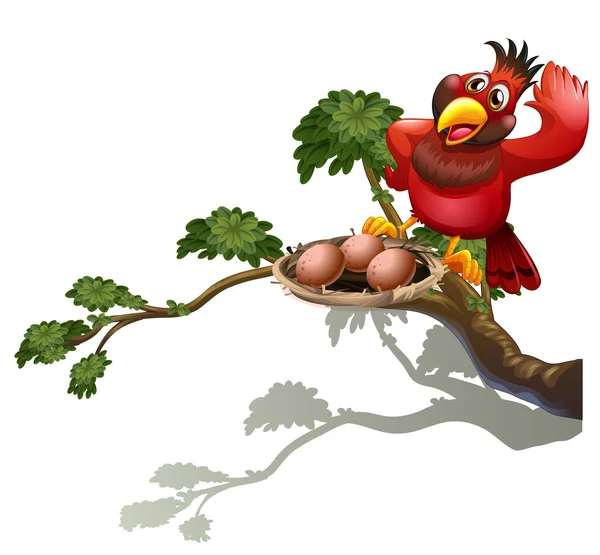 Un pájaro rojo observando el nido — Vector de stock