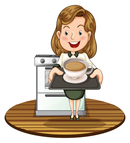 A woman holding a tray with a hot drink — Stock Vector