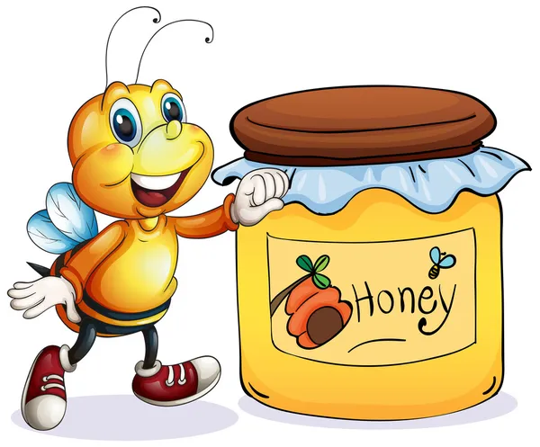 Ett bi bredvid burken av honung — Stock vektor