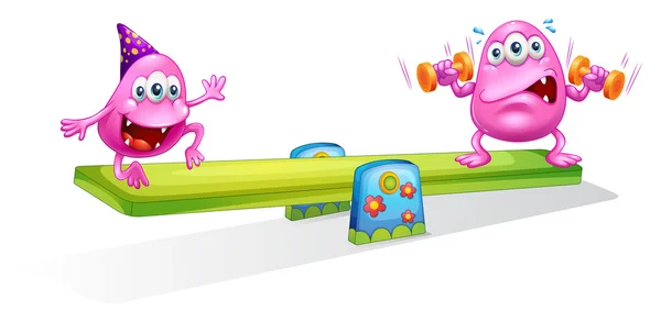 Deux monstres roses jouant avec la balançoire — Image vectorielle
