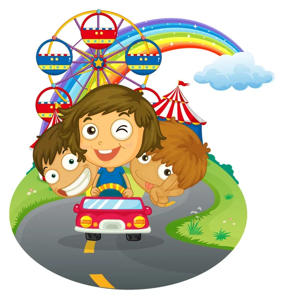 A vehicle with happy kids near the amusement park — Stock Vector