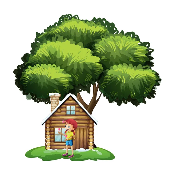 재생 하는 어린 소녀와 나무 아래 집 로열티 프리 스톡 일러스트레이션
