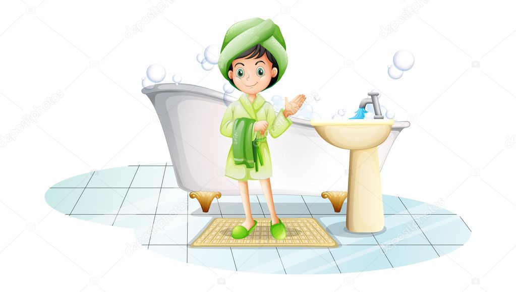 A young lady taking a bath with a green towel