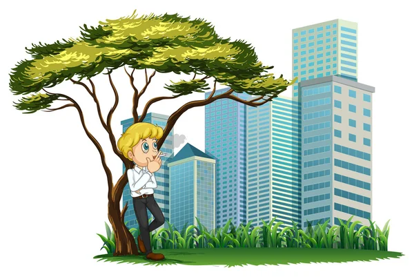 A man smoking under the tree across the buildings — Stock Vector