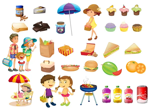 Şeyler ve piknik için gıdalar — Stok Vektör