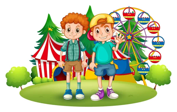 Two boys in front of the carnival — Stock Vector