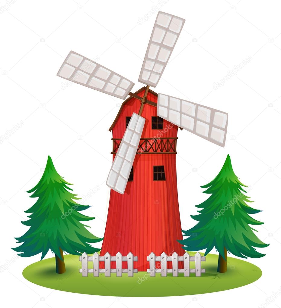 A tall wooden building with a windmill