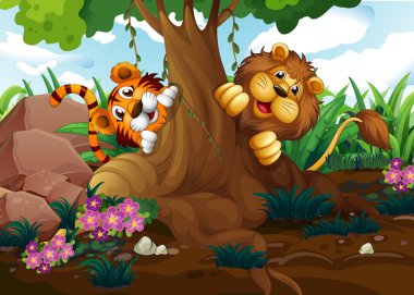 A tiger and a lion playing at the forest clipart