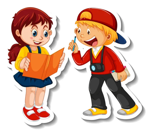 Sticker Template Met Een Paar Kinderen Studenten Cartoon Karakter Geïsoleerde — Stockvector