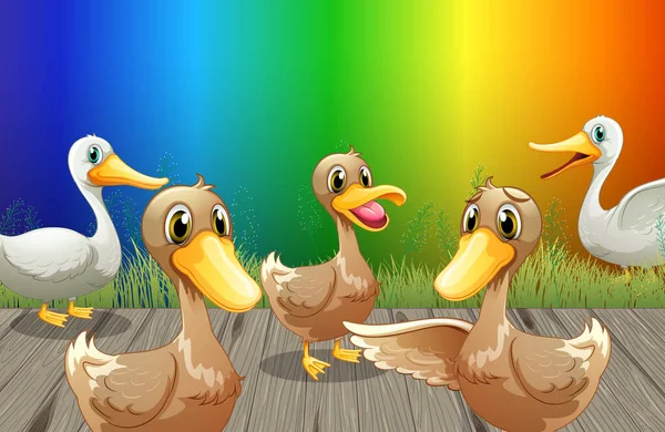 Muchos Patos Personaje Dibujos Animados Arco Iris Gradiente Fondo Ilustración — Archivo Imágenes Vectoriales