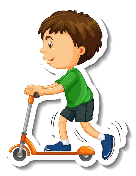 Sticker Sjabloon Met Een Jongen Rijden Een Scooter Cartoon Karakter — Stockvector