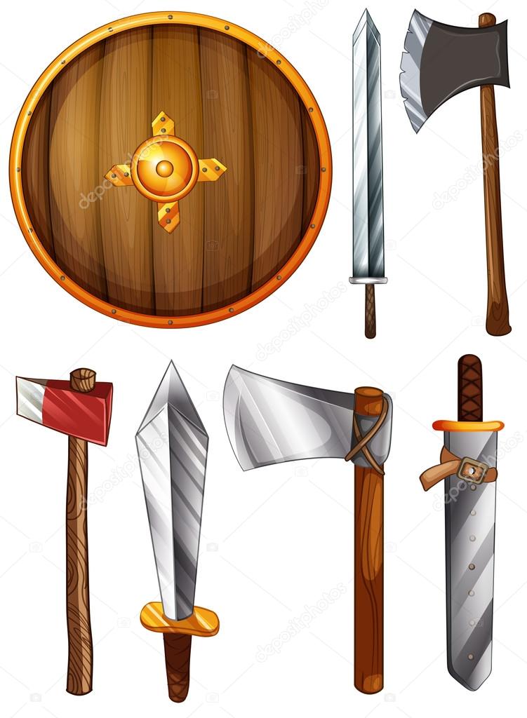 A shield, swords and axes