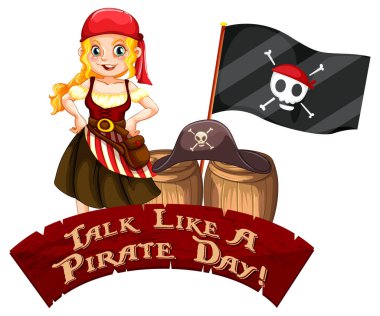 Korsan Günü yazı tipi gibi konuş. Korsan kız çizgi film karakteri illüstrasyonuyla birlikte.