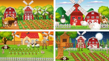 Yaşlı çiftçi ve hayvan çizgi film karakteri resimlerinin olduğu farklı çiftlik sahneleri.