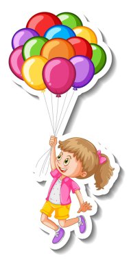 Bir sürü balonla uçan bir kızın etiketli tasviri.