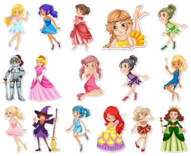 Farklı peri masalı karakter çizimleri içeren etiket seti